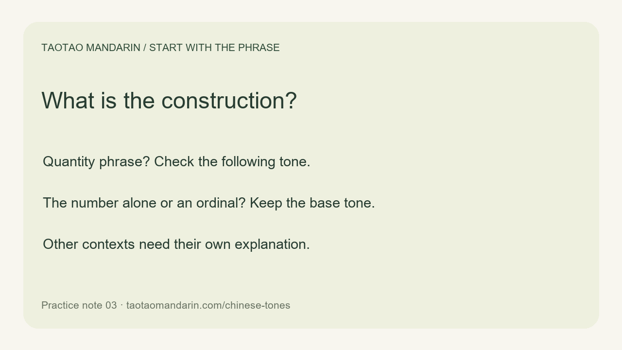 What is the construction? Quantity phrase? Check the following tone. The number alone or an ordinal? Keep the base tone. Other contexts need their own explanation.